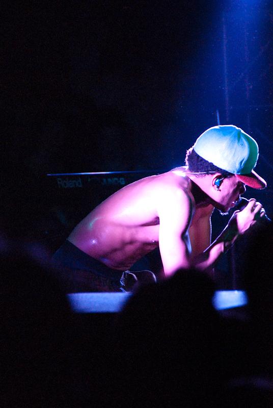 Twenty-year-old Chancelor Bennett, aka Chance The Rapper, crouches low for a verse during his show at the ’Sco Tuesday night. Chance relished the audience’s intimate knowledge of his rhymes, at points letting the crowd fill in lines for him.
