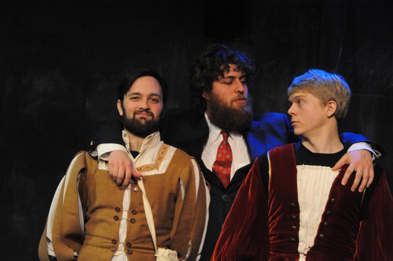 (From left) College seniors Zach Weinberg as Rosencrantz, Joshua Selesnick as Claudius, and Colin Wulff as Guildenstern deliver a gripping performance in the Little Theater. The performers in Rosencrantz and Guildenstern Are Dead rehearsed during Winter Term to present a play that combined Shakespearean tragedy with absurdist comedy. 