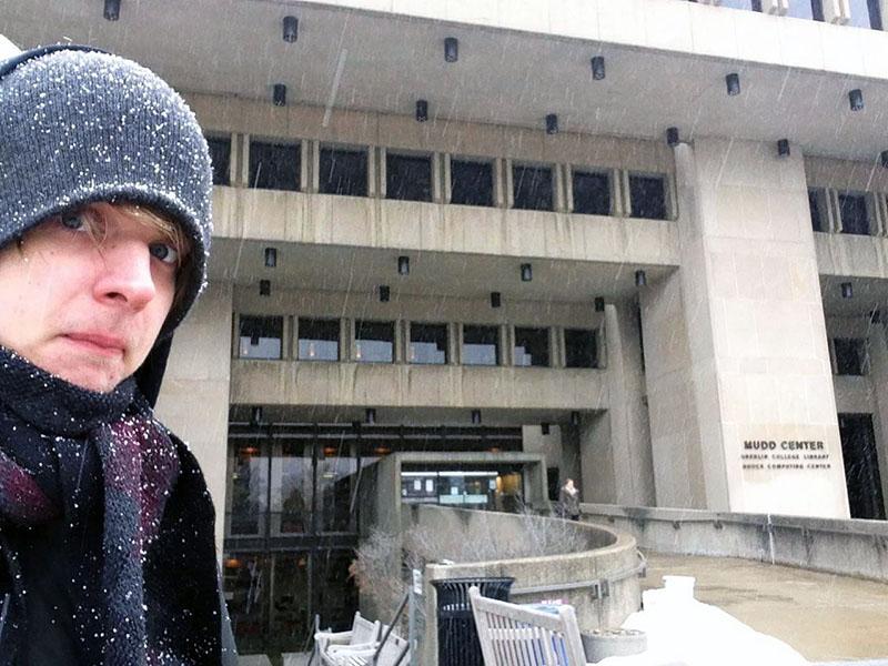  Poet Steve Roggenbuck takes a selfie in front of Mudd library despite the extreme Ohio cold. Roggenbuck gave a workshop on social media self-promotion in Wilder and a poetry reading at Fairchild Chapel this past Saturday. 
