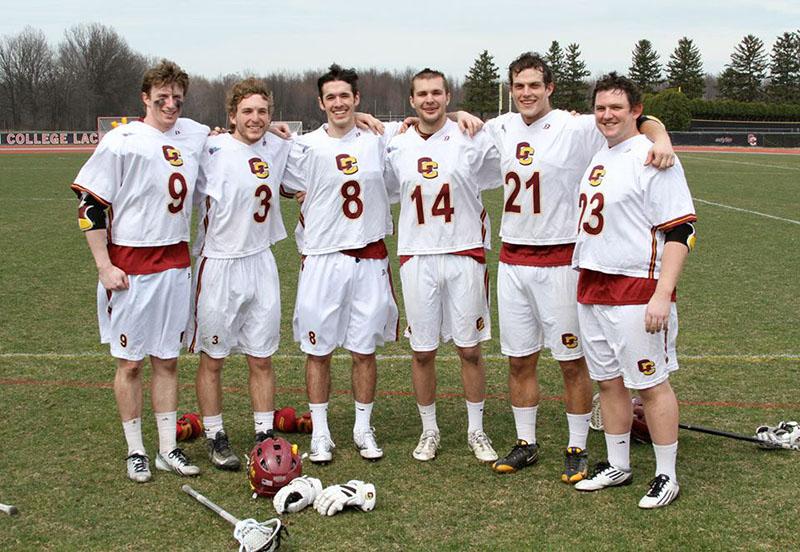 Men’s lacrosse seniors Paul Paschke, Connor Jackson, Mickey Fiorillo, Noel Myers, Kirby Liv- ingston and Matthew Rogers pose for a picture. The team won its Senior Day game 17–4 over the DePauw University Tigers.