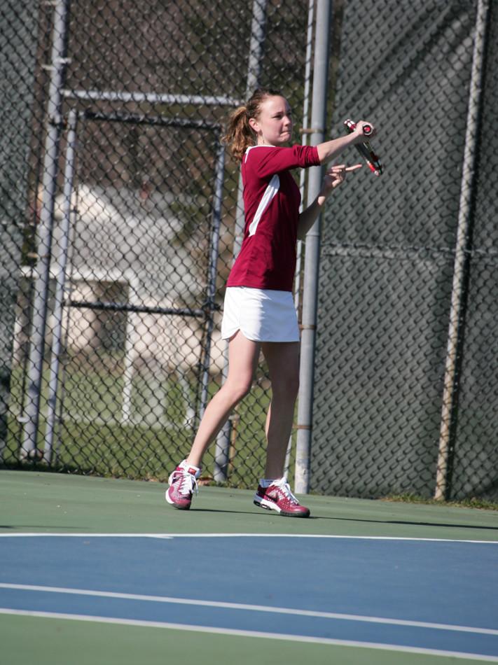 Junior Grace Porter prepares to hit the ball in a recent match at home. Her strong play has helped the Yeowomen to seven straight victories.