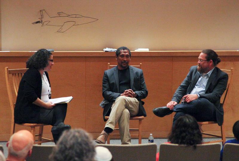 From left: Associate Professor of English Gillian Johns, writer Percival Everett and Delaney Associate Professor of Creative Writing Dan Chaon discuss Everett’s work and philosophy at a Monday night Q&A with Everett moderatored by Johns and Chaon. Everett, author of over 20 novels, spent two days on campus and also gave a lecture on Ralph Ellison’s Invisible Man the following night.