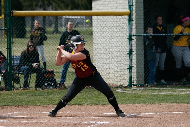 Junior Katie Pieplow eyes a pitch during a home double-header against the DePauw University Tigers. Pieplow leads the Yeowomen with a .321 average and 24 RBIs.