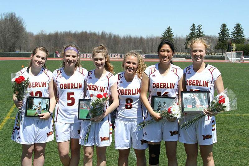 Women’s lacrosse seniors Simone Brodner (left), Hannah Christiansen, Phoebe Hammer, Sarah Orbu- ch, Heewon Kwon and Sarah Andrews. The Yeowomen said farewell to their graduating seniors in the team’s final home game against The College of Wooster.