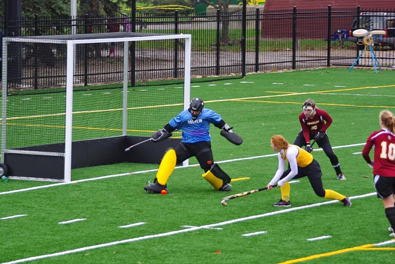 Sophomore goalkeeper Maggie Gossiaux attempts to make a save in a game this season. She has made 268 saves for the 2–12 Yeowomen this season.