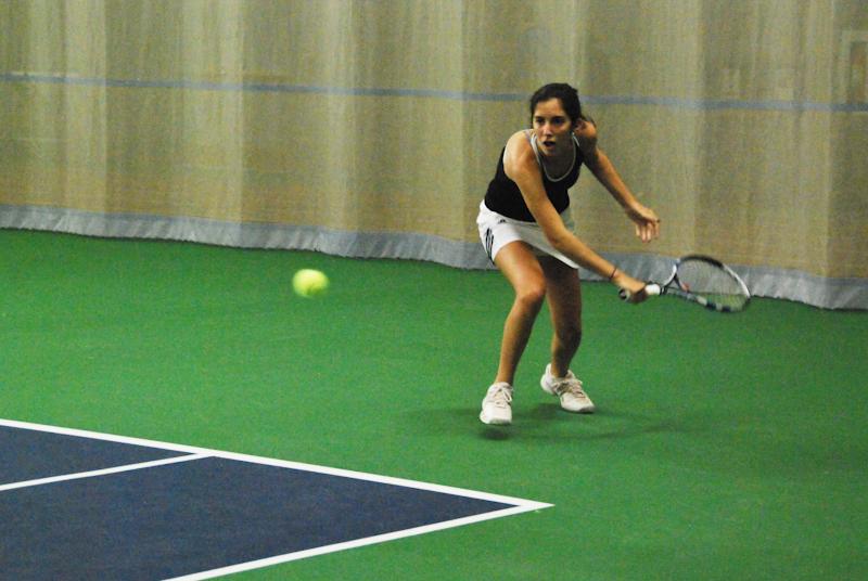 First-year+Mayada+Audeh+returns+a+shot+in+her+match+against+the+visiting+Ashland+University+Eagles+on+Wednesday.+Audeh+won+both+her+matches+in+the+No.+1+doubles+and+No.+2+singles+slots+to+bring+her+total+career+wins+to+six.