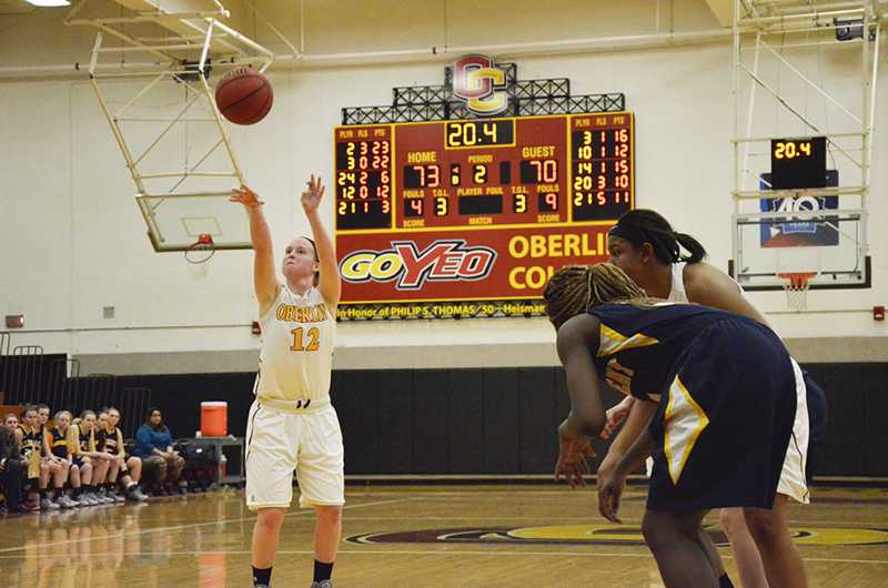 Junior guard Caroline Hamilton takes a crucial free throw late in the second half against the visiting Allegheny College Gators. Hamilton contributed 14 points off the bench, and the Yeowomen won 75–72.