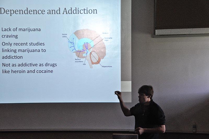College junior Will Lynch discusses the effects of marijuana on the brain during the Drugs and Addiction talk this Wednesday. The Neuroscience student-powered lecture series consisted of five student-led TED-style talks and a question and answer session.