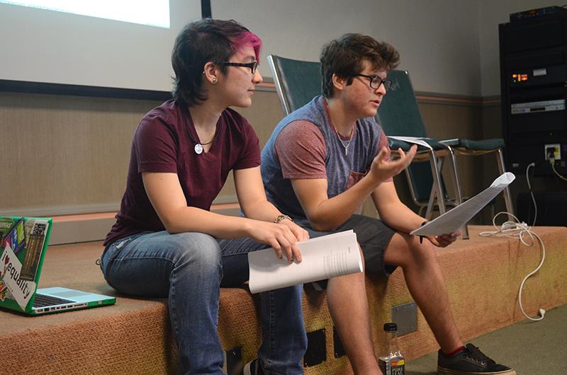 College sophomore Augie Blackman (left) and College senior Aran Schultz lead a Transgender
Participatory Advisory Committee forum on Monday, April 13 in Wilder Hall. The committee
is expected to present its updated draft of the “Guidelines for Inclusion and Respectful
Treatment of Intercollegiate Transgender Student-Athletes” to the General Faculty in
upcoming weeks.