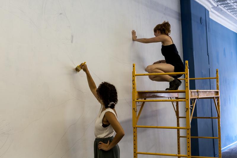 College junior Abby Cali (left) and College senior Anna Droege begin painting a new mural to
decorate the SEED Ventures pop-up store in downtown Oberlin. The SEED Ventures program
helps local entrepreneurs with their various creative ventures.
