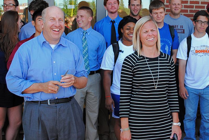 College President Marvin Krislov (left) and Natalie Winkelfoos share a laugh outside the Austin E. Knowlton Athletic Complex. This summer, the NCAC elected Krislov as Conference president and the NACWAA awarded Winkelfoos Administrator of the Year for Division III Athletics.