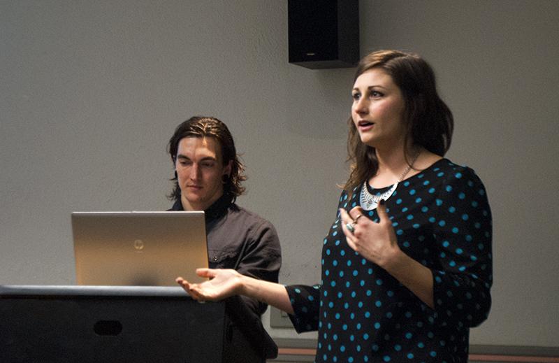 Sustainable Technology Coordinator Samuel Hartman (left) and Sustainability Coordinator Bridget Flynn dispel myths about vegan nutrition. Hartman and Flynn discussed the accessibility of protein and necessary vitamins in vegan diets for athletes in Wilder 101 on Tuesday.