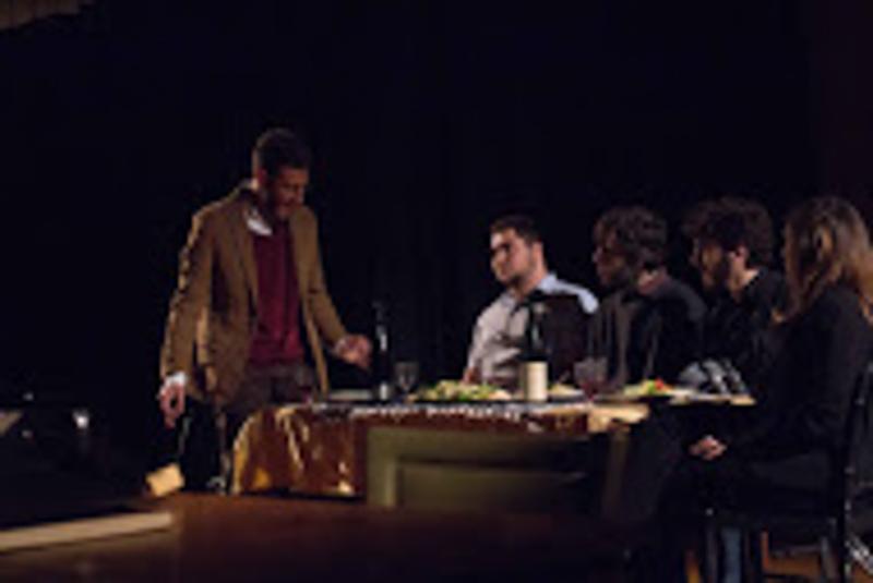 College first-year Rashad Saleh, who played Avigdor in The Admission, delivers heated lines while College first-years Jad Seligman, Jackson Zinn-Rowthorn, David Kaus and Cora Browner look on. The play, which ran in Wilder Main April 7–9, tells the story of two families caught within the Israeli-Palestinian conflict.