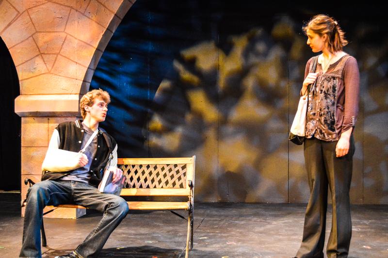 College sophomore Julia Butterfield and College first-year Casey McKinney share a conversation in Third. The play, performed April 7–10 at the Little Theater, deals with political identity on college campuses.
