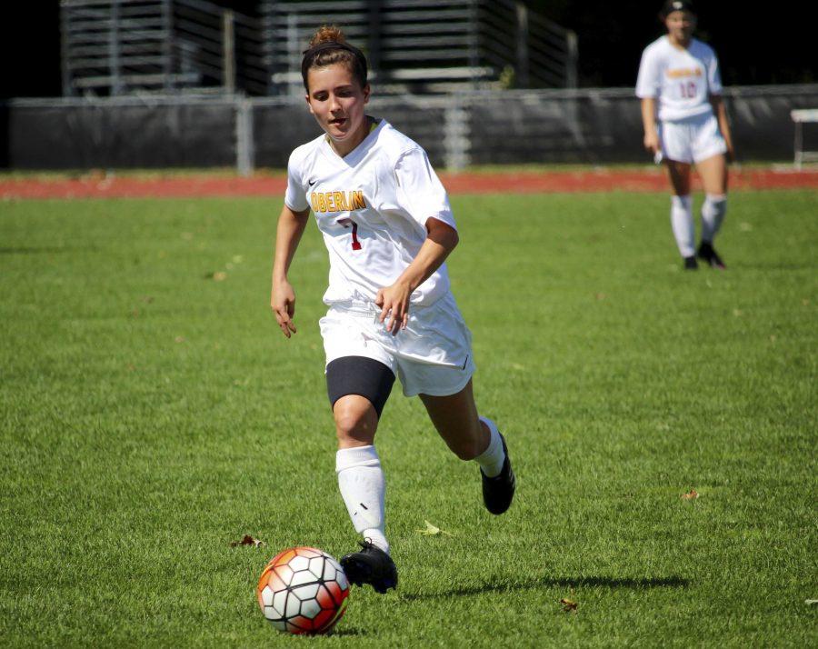Senior defender Casey McGuire dribbles the ball across the field. After an 8–0 win over Defiance College on Sept. 11, the Yeowomen have a 3–2 record. 