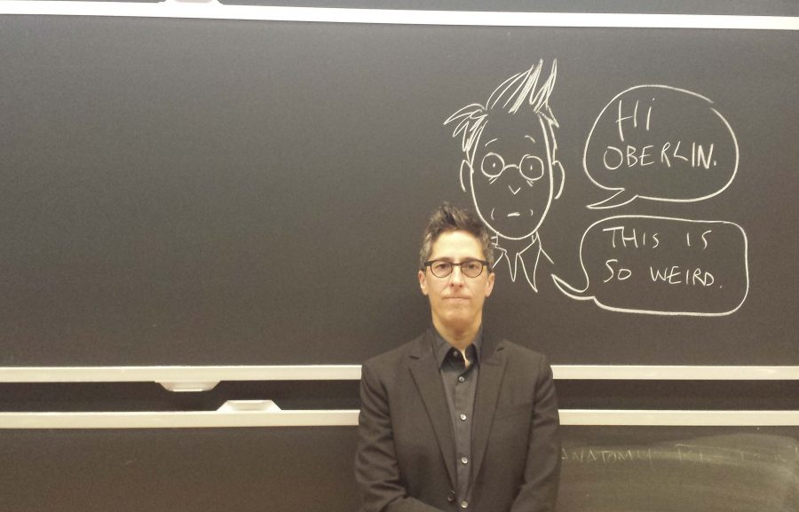 MacArthur Genius Alison Bechdel, OC ’81, author of the award-winning graphic novel Fun Home and co-creator of the famed Bechdel Test, returned
to Oberlin to present to an audience of students and professors Tuesday.