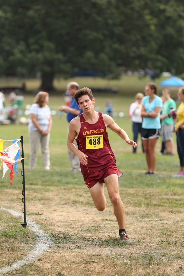 Sophomore Grant Sheely turns a corner in the University of Rochester Yellow Jacket Invitational Sept. 17. In the All-Ohio Championships on Sept. 30, the Dobbs Ferry, NY, native completed the trek in 26 minutes, 29.6 seconds for a 10th place Division-III finish. 