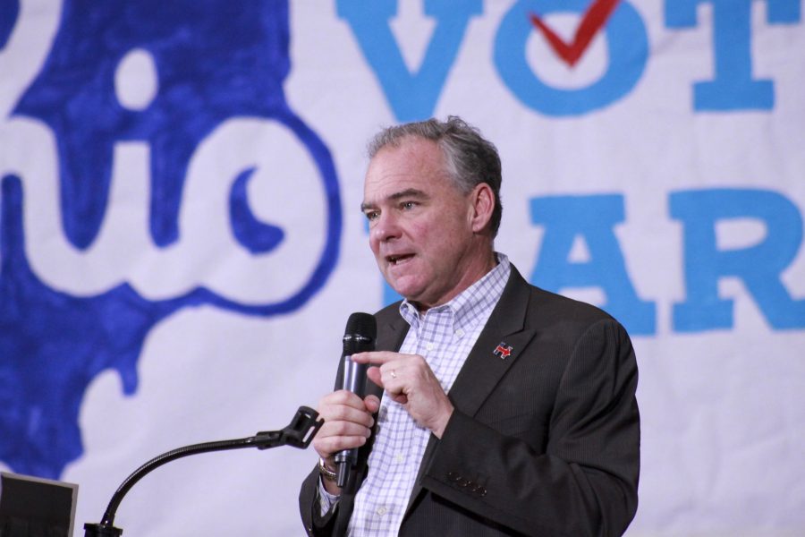 Democratic Vice Presidential candidate Tim Kaine gives a speech at Lorain High School Thursday. The candidates are bitterly battling for Ohio’s 18 electoral votes.
