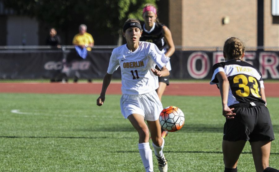Senior midfielder Megan Herrmann settles a pass against DePauw University. After a 1–1 draw against The College of Wooster last Saturday, the Yeowomen are 5–3–1 overall.