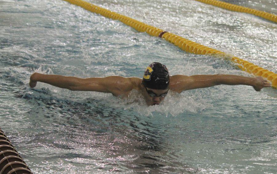 First-year Michael Lin swims the butterfly leg of the 200-yard individual medley. Lin logged one of the top-10 fastest times in school history with his 1 minute, 59.73 second finish in Oberlin’s meet against the Ohio Northern University Polar Bears last Saturday.