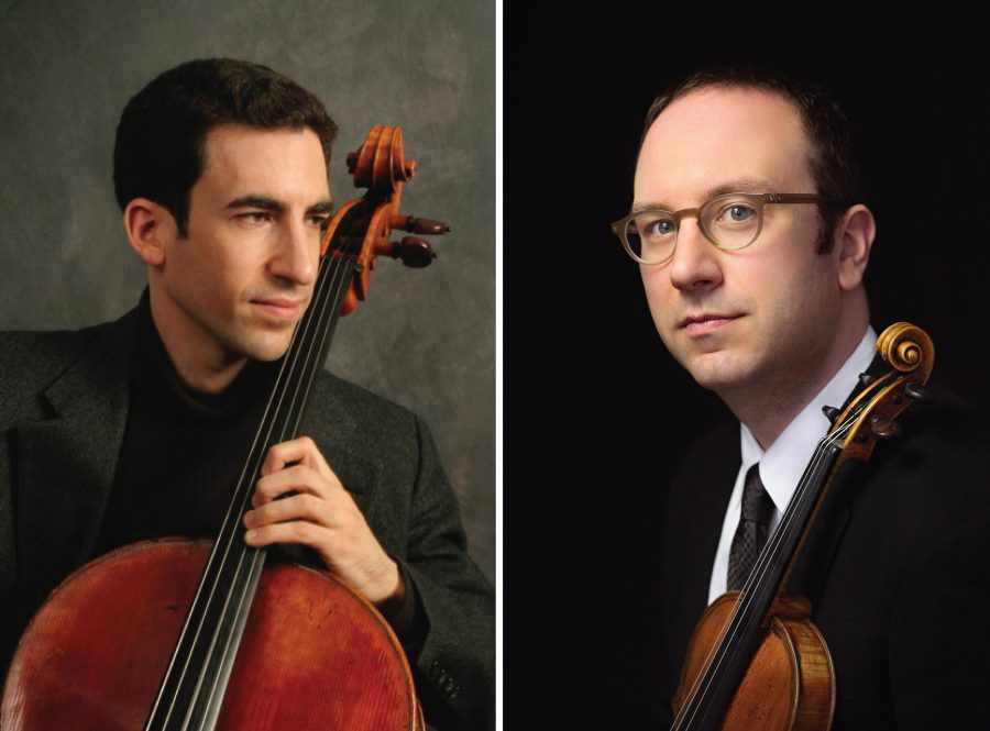 Conservatory professors Amir Eldan (left), cellist, and David Bowlin, OC ’00, violinist, join director Rafael Jiménez
and the Oberlin Orchestra for its first winter concert. They will both perform solos in Johannes Brahms’ Concerto for
Violin and Cello.