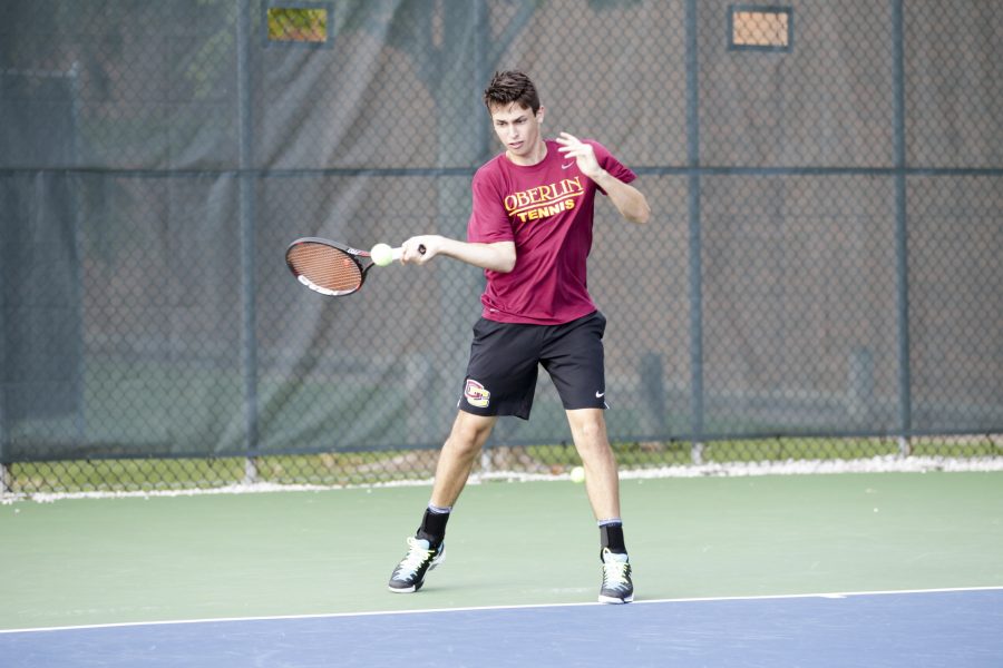 First-year Stephen Gruppuso loads up for a forehand. Grupposo earned wins at No. 3 singles and No. 2 doubles in Oberlin’s decisive 6¬–2 victory over conference rival Wabash College Saturday. 