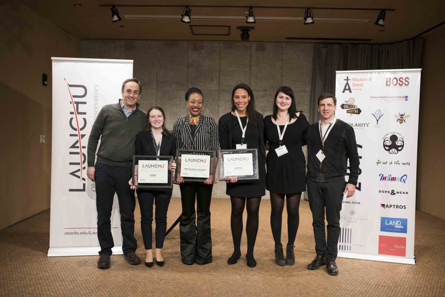 Conservatory junior Helen Fleischer, Sophie Mvurya, OC ’16, Mary Okoth, OC ’14, and Kelsey Scult, OC ’14, receive the 2017 LaunchU awards. Their three startups earned a collective $45,000 after winning the March 4 Launch U competition. 