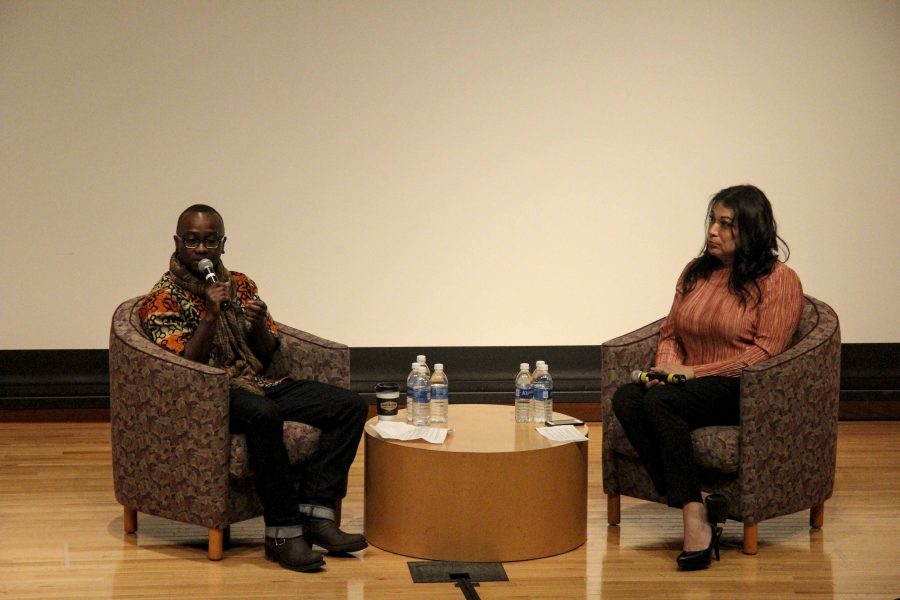 Undocumented trans activists Ola Osaze (left), Nigerian-born, and Jennicet Gutiérrez,
who came to the U.S. from Mexico in her teens, interview one another in front of an audience
at My Name is My Own, an event hosted by the Multicultural Resource Center in Dye
Lecture Hall Thursday night. My Name is My Own’s primary mission is to provide institutional
support to Oberlin communities that identify as queer and of color in the broadest
senses of those words.
Discussion topics ranged from political promises by current and past administrations
in the face of increasing violence against Black, brown, trans and immigrant bodies to the
importance of self love and joy in social and political climates that provide little of either
to minority communities across the board.