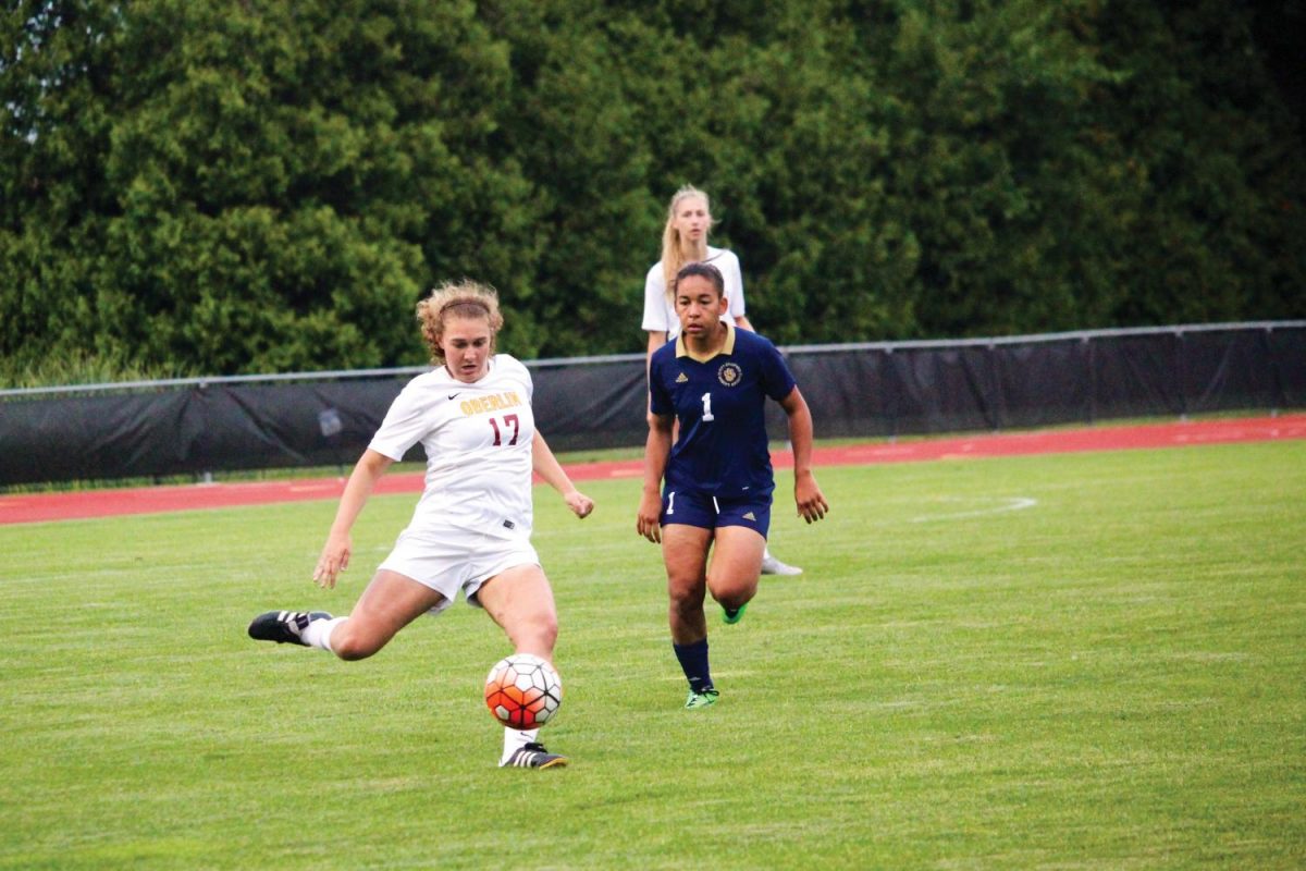 Senior defender Lauren Koval rifles the ball past the University of Pittsburgh at Bradford Panthers’ defense in their 4–0 win Sept. 1. The Yeowomen, who are 6–0–1, start conference play against Ohio Wesleyan University tomorrow at 3 p.m. at Fred Shults Field.