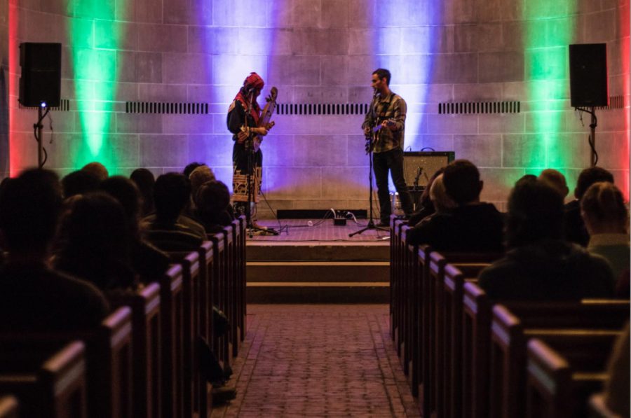 Ainu musician Oki Kano performs on tonkori to a packed Fairchild Chapel. Kano, along with ethnomusicologist Nate Renner, came to
Oberlin this week for performances and lectures about indigenous music.