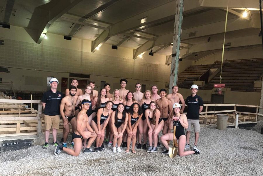 The 2016-2017 Swimming and Diving team poses at the site of the demolished Robert Carr Pool.
They will compete solely in away meets this season, as the new pool is set to be completed in late
August 2018.
