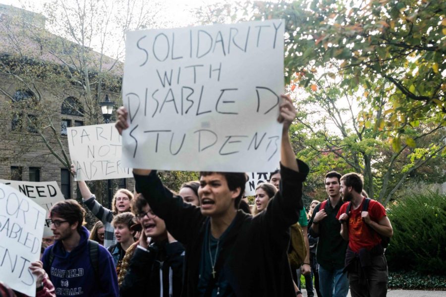 Students protested on Wilder Bowl Thursday in favor of adding additional staff to the Office of Disability Resources, among other demands. Tensions flared last month following the unexpected resignation of Interim Director of the ODR Isabella Moreno.