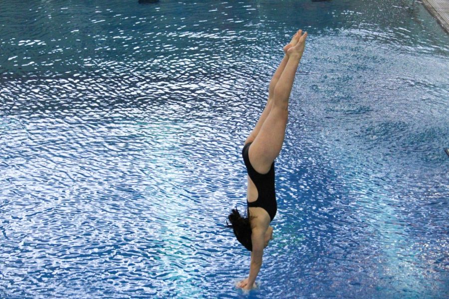 College senior Rachael Andrews dives her way to an eighth-place finish in the three-meter diving at the NCAC Swimming and Diving Championships last week.