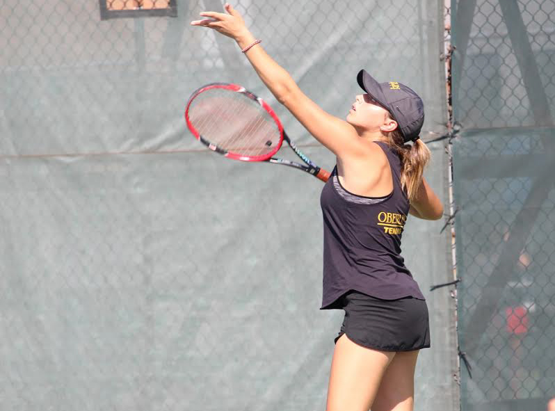 College first-year Maja Shaw Todorovic prepares a serve. The womens tennis team, which is currently 3–3 overall, looks to continue their undefeated play at home tomorrow at 9 a.m. and 4 p.m.