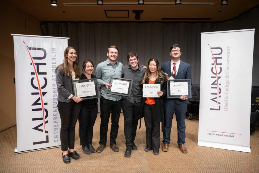 Winners of the LaunchU competition stand together. From left to right: Catherine O’Hare, OC ’11, and Tessa Emmer, OC ’11; double-degree senior Benjamin Steger and College senior Bryan Rubin; College first-year Katie Kim; and College senior Hassan Bin Fahim.