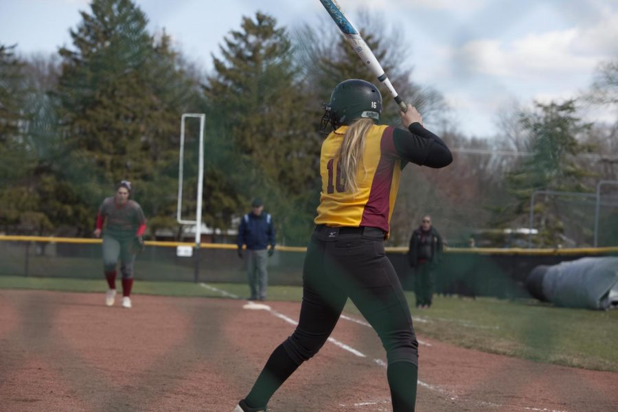 First-year catcher and shortstop Maddison Paladino steps into the box in a game against Denison University April 7. Paladino started all 34 games of her first season, collecting 14 hits, eight RBIs, and 13 walks.