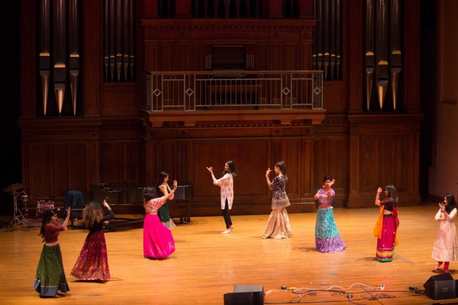 Pictured, members of the South Asian Students Association perfoming in the 22nd Annual Colors of Rhythm. Staged in Finney Chapel last Friday, the event’s main themes included healing and home, as well as “Rhythmic Resistance”. The event, emceed by College sophomores Eder Aguilar and Brian Smith, also featured performances by Oberlin Taiko, African Students Association, Movimiento, and #FASAband. The free event had a suggested donation of $3 and all proceeds went toward the Undocumented Students Fund.
