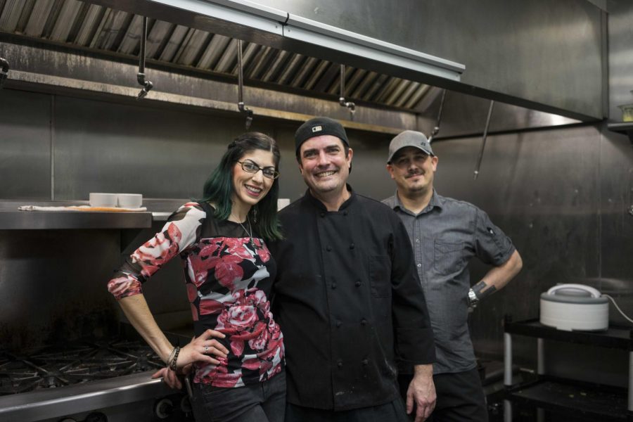 Dana Juliano, Brad Pickens, and Allen Wilson are the owner and chefs for Oberlin’s newest restaurant, The Corner Joint, on East College Street, which opened April 20.