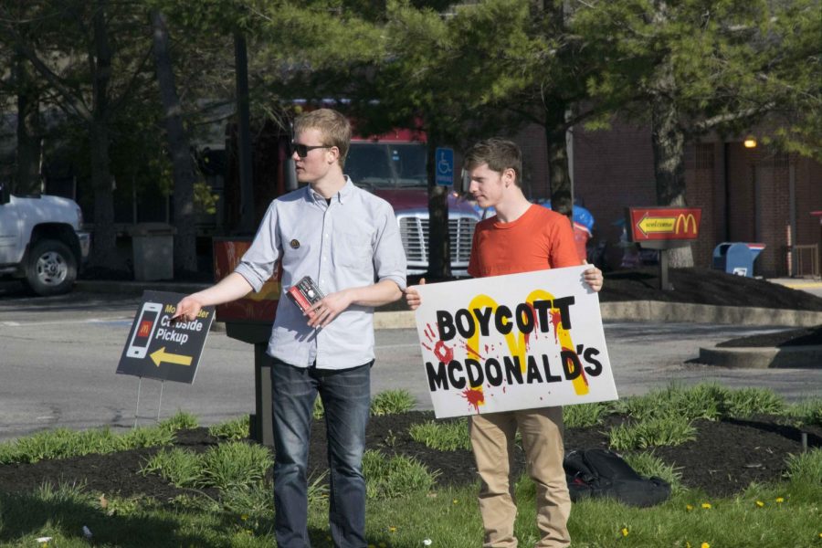 College junior Haven King-Nobles and College sophomore Leo Hochberg protest outside Oberlin’s McDonalds as part of a nationwide movement against the chain.