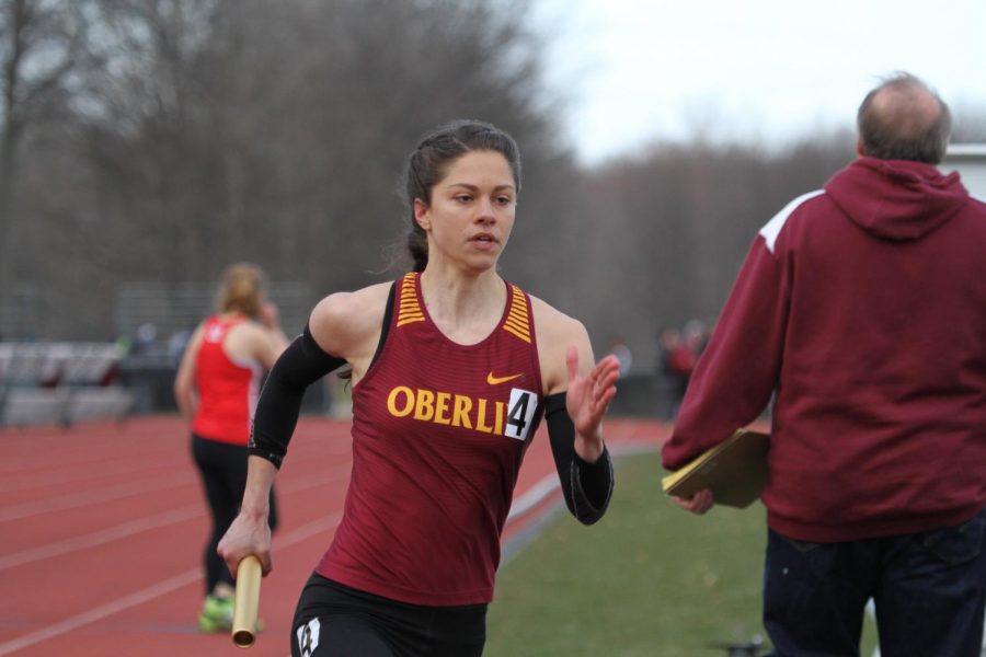 Senior Lilah Drafts-Johnson turns the corner in the Bob Kahn Invitational April 7. The women’s track and field team won their second consecutive NCAC Outdoor Championship Saturday.