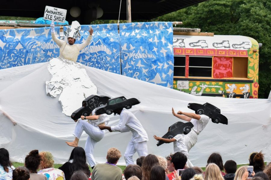 Puppeteers from the Bread and Puppet Theater enact a scene as part of their political activism performance in the Grasshopper Rebellion Circus. The group performed at the Clark Bandstand in Tappan Square Tuesday afternoon.