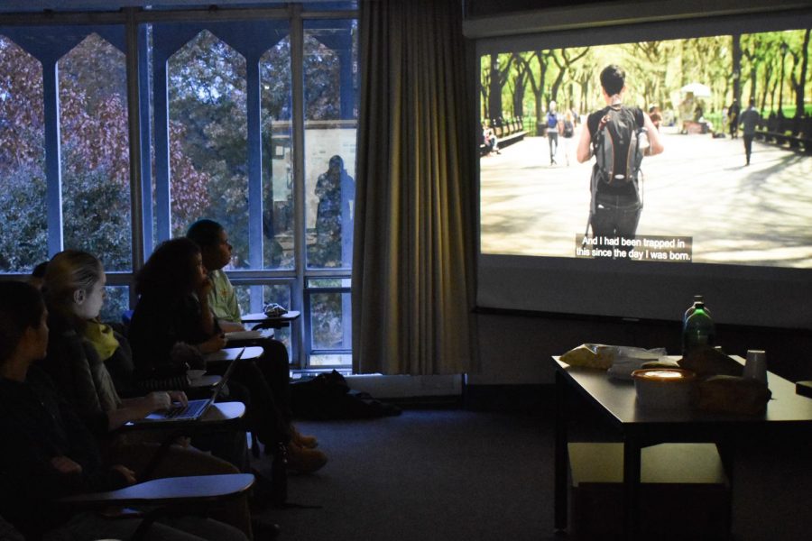 Students watch a screening of the documentary, We Exist: Beyond the Binary, as part of Trans Week of Action. 