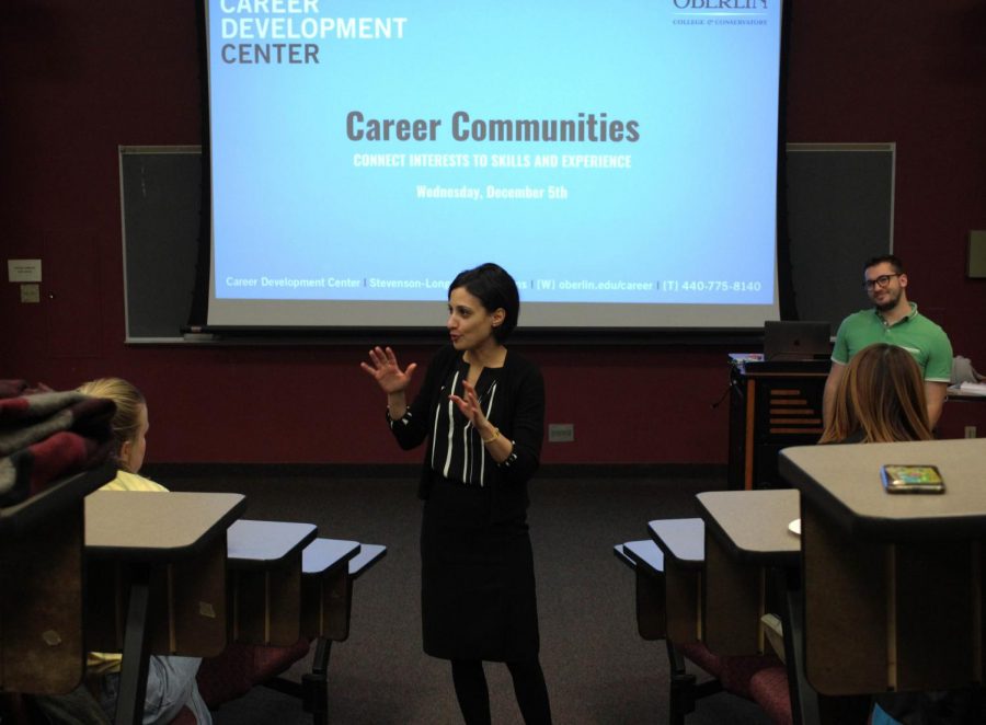 Associate Dean of Students Dana Hamdan explains the Career Communities initiative at an information session Wednesday, Dec. 5 in King Building.