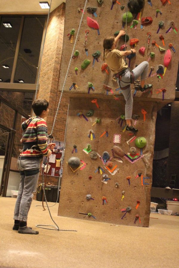 College+fourth-year+Julia+Butler+and+College+first-year+Mira+Newman+at+the+Oberlin+College+Climbing+Wall.