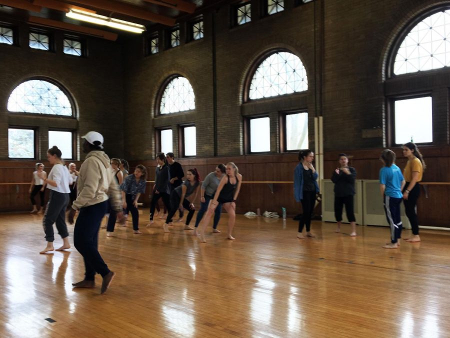 Students and instructors take a class in Warner Dance Studio as part of this year’s Ohio 5 Dance Conference, hosted by Oberlin College.