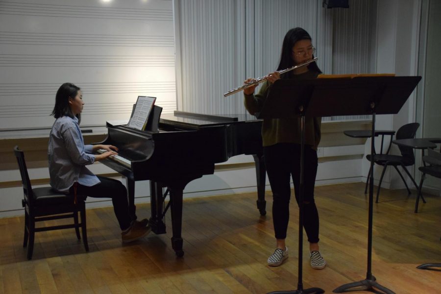 Conservatory+sophomore+Josephine+Lee+and+double-degree+junior+Phoebe+Pan+practice+together+in+Bibbins+Hall.