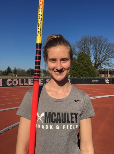 College first-year and pole vaulter Sarah Voit
is having a spectacular rookie season with two school records and a North Coast Athletic Conference Championship under her belt.