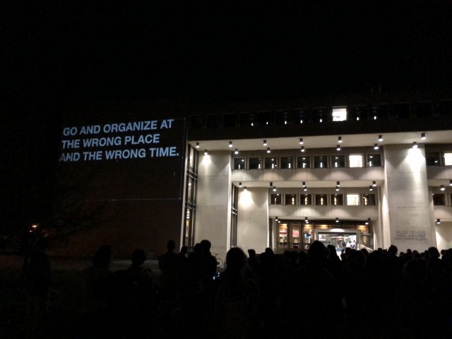 A+visual+history+of+Oberlin+activism+was+projected+onto+the+outside+of+Mudd+Center+last+Thursday.