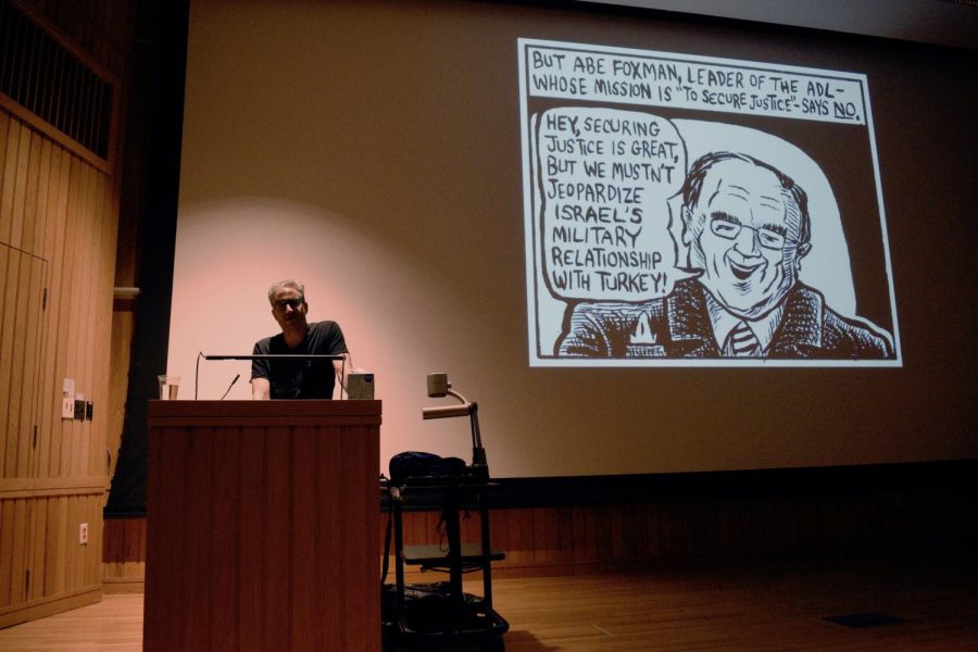 Eli Valley discussing his comics in Dye Lecture Hall.