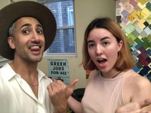 College third-year Grace Smith takes a selfie with Queer Eye’s fashion expert Tan France while filming the show last summer.
